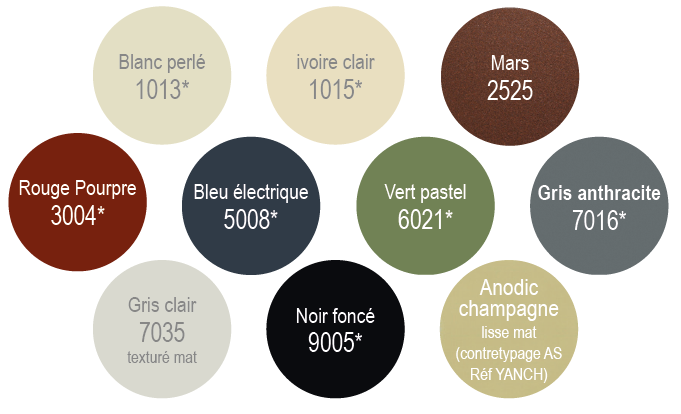 teinte standard aluminium, blanc, mars, rouge, bleu, vert, gris, noir